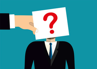 A sheet of paper with a question mark covers the face of a business man. Vector illustration. Flat design.