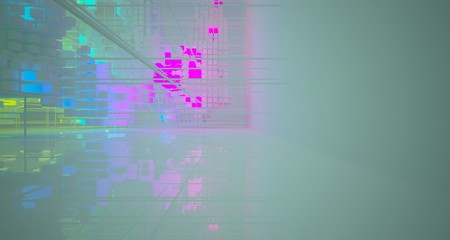 Obraz premium Abstract architectural white interior from array cubes with color gradient neon lighting. 3D illustration and rendering.