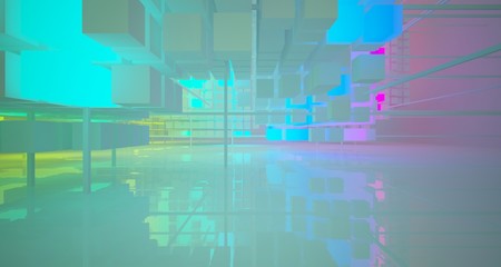 Abstract architectural white interior from array cubes with color gradient neon lighting. 3D illustration and rendering.