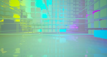 Abstract architectural white interior from array cubes with color gradient neon lighting. 3D illustration and rendering.