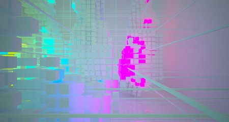 Abstract architectural white interior from array cubes with color gradient neon lighting. 3D illustration and rendering.