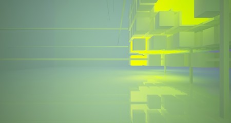 Abstract architectural white interior from array cubes with color gradient neon lighting. 3D illustration and rendering.