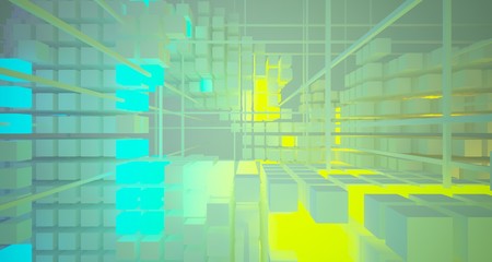Abstract architectural white interior from array cubes with color gradient neon lighting. 3D illustration and rendering.