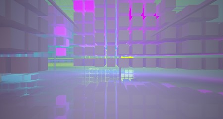 Abstract architectural white interior from array cubes with color gradient neon lighting. 3D illustration and rendering.