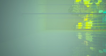 Abstract architectural white interior from array cubes with color gradient neon lighting. 3D illustration and rendering.