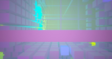 Obraz premium Abstract architectural white interior from array cubes with color gradient neon lighting. 3D illustration and rendering.