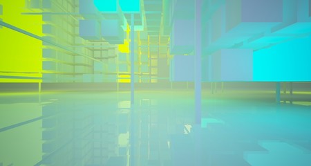 Fototapeta na wymiar Abstract architectural white interior from array cubes with color gradient neon lighting. 3D illustration and rendering.