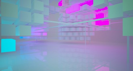 Abstract architectural white interior from array cubes with color gradient neon lighting. 3D illustration and rendering.