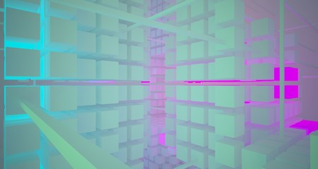 Abstract architectural white interior from array cubes with color gradient neon lighting. 3D illustration and rendering.