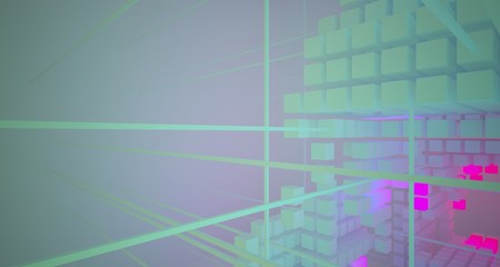Abstract architectural white interior from array cubes with color gradient neon lighting. 3D illustration and rendering.