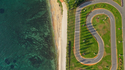 Aerial drone top down photo of seaside go kart race track in exotic destination
