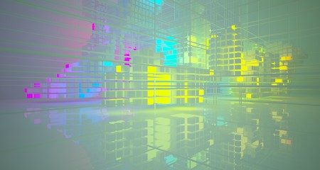 Fototapeta premium Abstract architectural white interior from array cubes with color gradient neon lighting. 3D illustration and rendering.