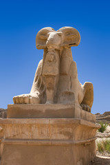 Karnak temple complex in Luxor, Egypt. Sphinx with ram head, Criosphinx on blue sky background.