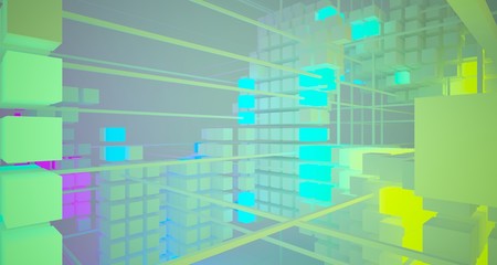 Abstract architectural white interior from array cubes with color gradient neon lighting. 3D illustration and rendering.