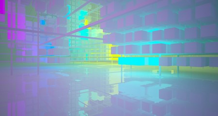 Abstract architectural white interior from array cubes with color gradient neon lighting. 3D illustration and rendering.
