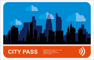 Fototapeta premium City pass. Bus, train, subway travel ticket with cashless payment system. Card with map of city with roards and houses. Vector illustration in flat style