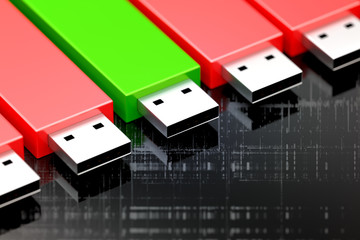 Decorative background of USB keys. The safe one is in green material, and the unsafe are in red