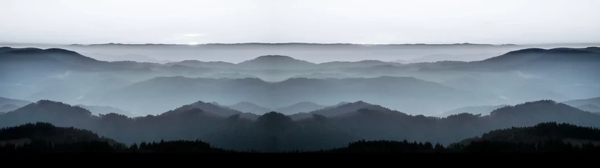 Aluminium Prints Morning with fog Amazing panorama background banner long from a fog landscape in the morning in black forest