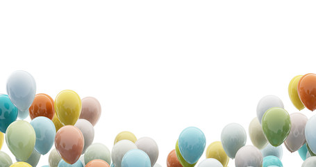 Motley balloons floating in the air with copy space, isolated on white. 3D render