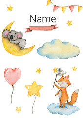 Watercolor poster for a newborn baby with a place for name, date, weight, height with a fox, koala, clouds, stars and flags on a white background.