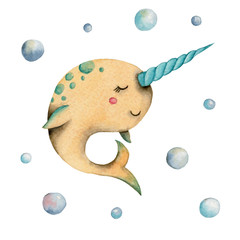 Watercolor cute narwhal with air bubbles. Isolated on white background. © Olena Yevsikova