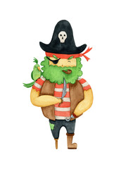 Watercolor cute pirate with a wooden leg, a hook, a green beard and a green parrot on his shoulder Isolated on a white background.