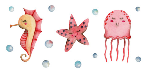 Watercolor cute set of seahorse, starfish and jellyfish with air bubbles isolated on white background.