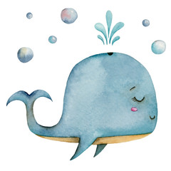 Watercolor cute blue whale with water fountain and air bubbles isolated on a white background. © Olena Yevsikova