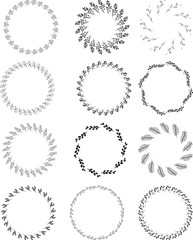Set of black doodle hand drawn decorative outlined wreaths with Branches, Herbs, Plants, Leaves and Florals. Vector Illustration. Frames, circles