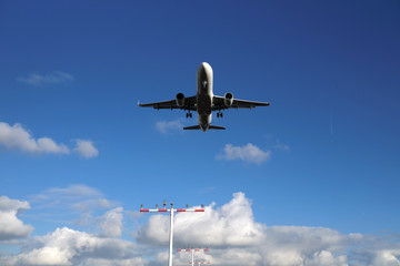 Aircraft warning lights and airplane before landing - Stockphoto