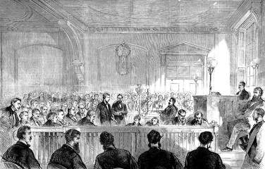 Historical drawing the arraignment of Boss Tweed in courtroom. Line art drawing black and white, vintage. 1872