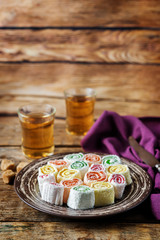 Turkish delight, Oriental sweetness on a plate with tea
