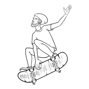 Vector boy with skateboard jumping. Hand drawn illustration of a skateboarder. Skater Vector Sketch. Work Line suitable for coloring book