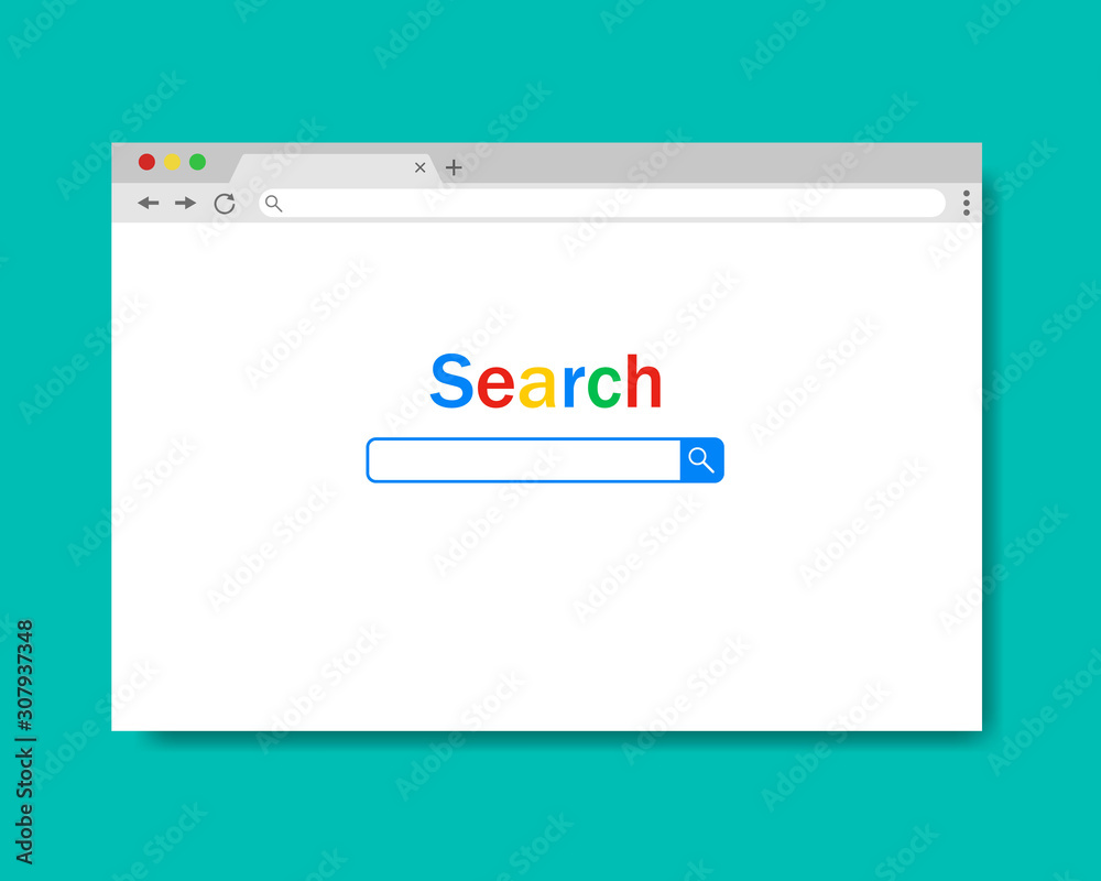 Aufkleber Browser web page with search bar. Chrome web mockup of computer interface. Flat screen internet page. Browser window with url address line. Empty template internet web page. vector illustration