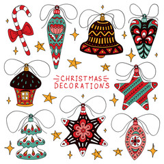 Christmas greeting card with Composition of Festive Elements such as candy cane, star, christmas tree, bow, ribbon, house, heart, bells, icicle.