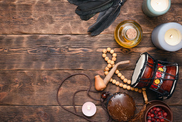 Witch doctor or shaman table flat lay background.