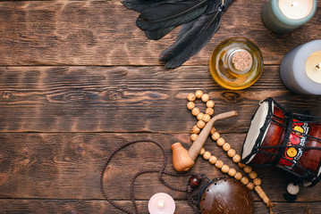 Witch doctor or shaman table flat lay background.