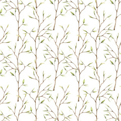 Watercolor spring seamless pattern with branches for easter. Hand painted tree branches and buds isolated on white background. Floral illustration for design, print, fabric or background.