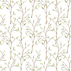 Naklejka premium Watercolor spring seamless pattern with branches for easter. Hand painted tree branches and buds isolated on white background. Floral illustration for design, print, fabric or background.