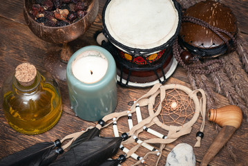 Witch doctor or shaman table background.