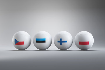 Valleyball European Championships in 2021, Czech Republic, Estonia, Finland and Poland will host and organize the tournament. Four balls coloured same as the organizer flags laying in white studio.