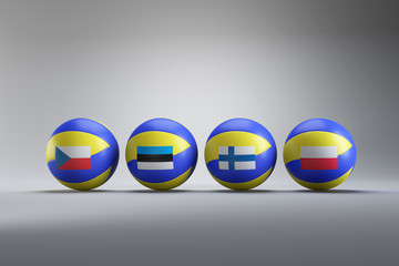 Valleyball European Championships in 2021, Czech Republic, Estonia, Finland and Poland will host and organize the tournament. Four balls coloured same as the organizer flags laying in white studio.