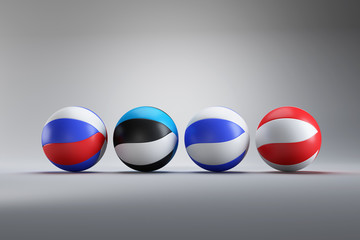 Valleyball European Championships in 2021, Czech Republic, Estonia, Finland and Poland will host and organize the tournament. Four balls coloured same as the organizer flags laying in white studio.