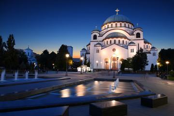 Church of Saint Sava, one of the biggest Orthodox church of the world, at evening illumination, Belgrade, Serbia - obrazy, fototapety, plakaty