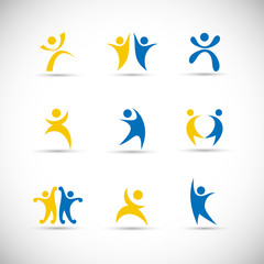 Abstract People Logo Set. Human Figure Isolated On Gray Background. Icons Collection For Human Success, Celebration Logo, Achievement Symbol And Activity. Different Happy People. Figure Logo, Vector