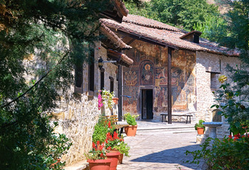 Kastoria, Greece, Byzantine monastery of Panagia Mavriotisa. - obrazy, fototapety, plakaty