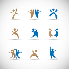 Abstract People Logo Set. Human Figure Isolated On Gray Background. Icons Collection For Human Success, Celebration Logo, Achievement Symbol And Activity. Different Happy People. Figure Logo, Vector