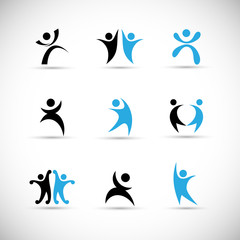 Abstract People Logo Set. Human Figure Isolated On Gray Background. Icons Collection For Human Success, Celebration Logo, Achievement Symbol And Activity. Different Happy People. Figure Logo, Vector