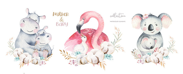 Watercolor cute cartoon illustration with cute mommy flamingo and baby, flower leaves. Mother hippo and baby illustration bird design. Tropical mom koala