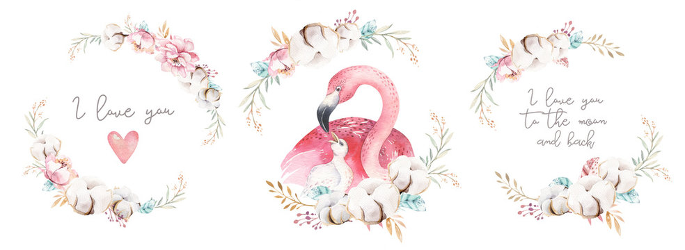 Watercolor cute cartoon illustration with cute mommy flamingo and baby, flower leaves. Mother and baby illustration bird design. Tropical mom bird